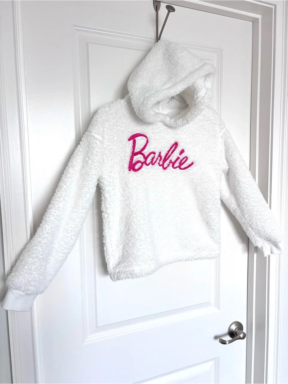 Barbie Girls Hoodie Fuzzy Plush Pullover Pink Logo Size 11/12 fleece pullover